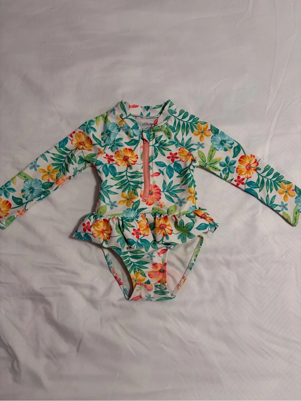 Little Me White Tropical Floral Long-Sleeve Rash Guard Swimsuit